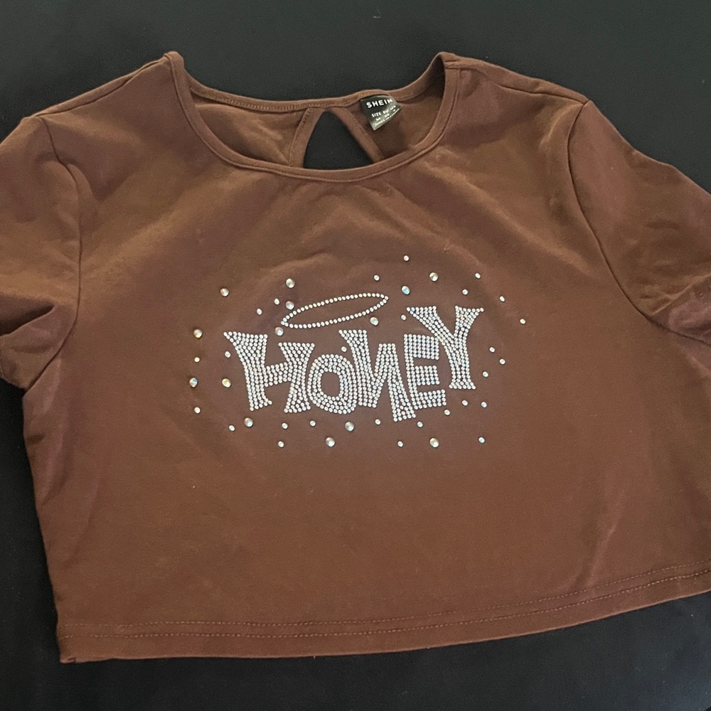 SHEIN Brown Crop Top with Rhinestone 'Honey' Design
